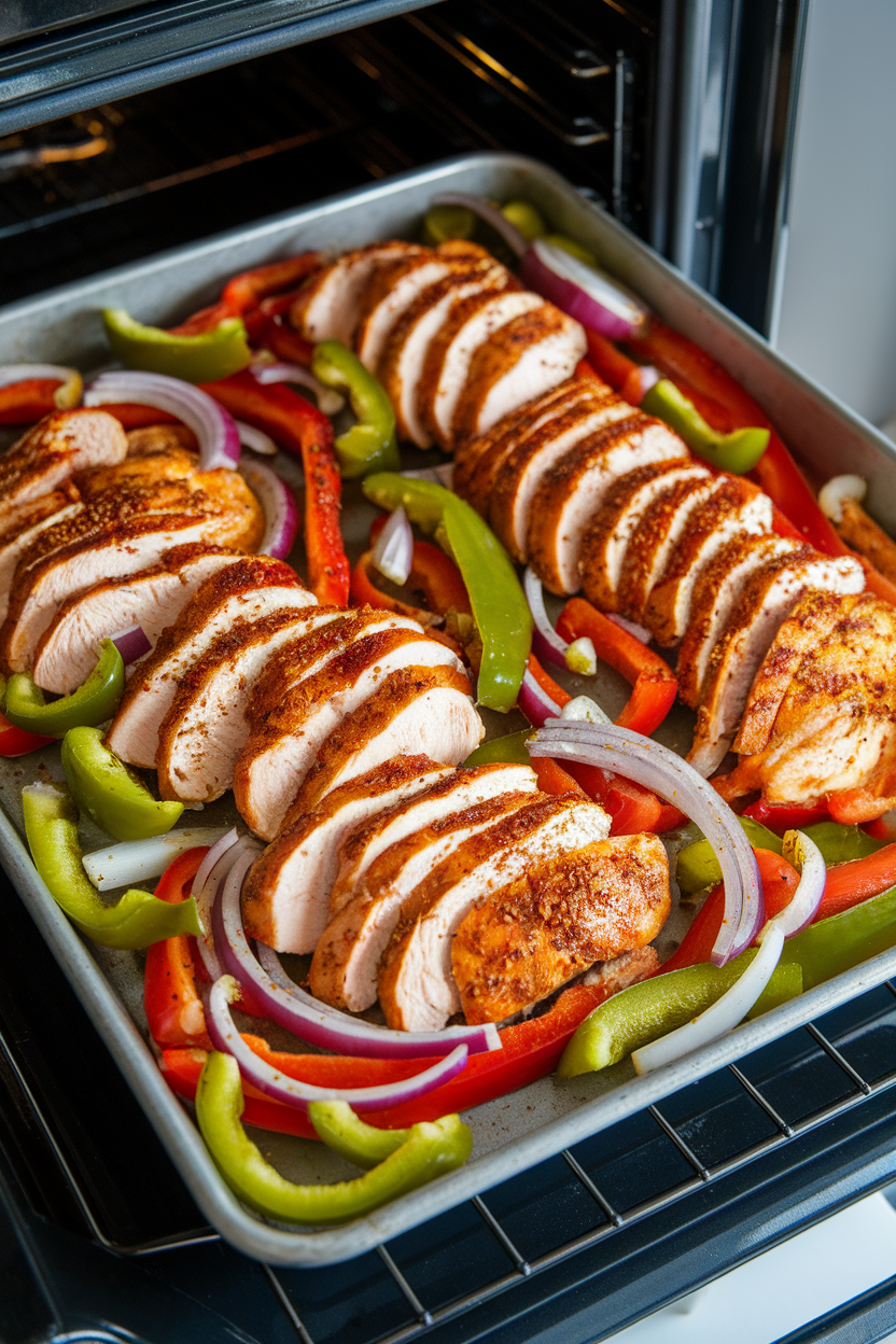An indoor oven-top view of a sheet pan holding sliced chicken breasts, bell peppers, and onions seasoned with fajita spices. No text or logos visible; photo only.