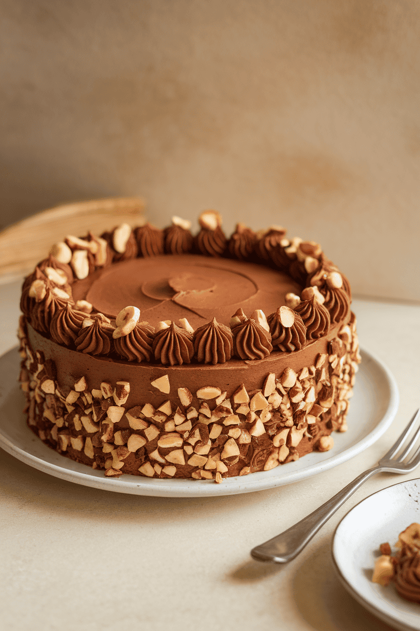 An indoor café table with a round torte covered in chocolate-hazelnut frosting and sprinkled with chopped toasted hazelnuts. No text or logos. Photo only.