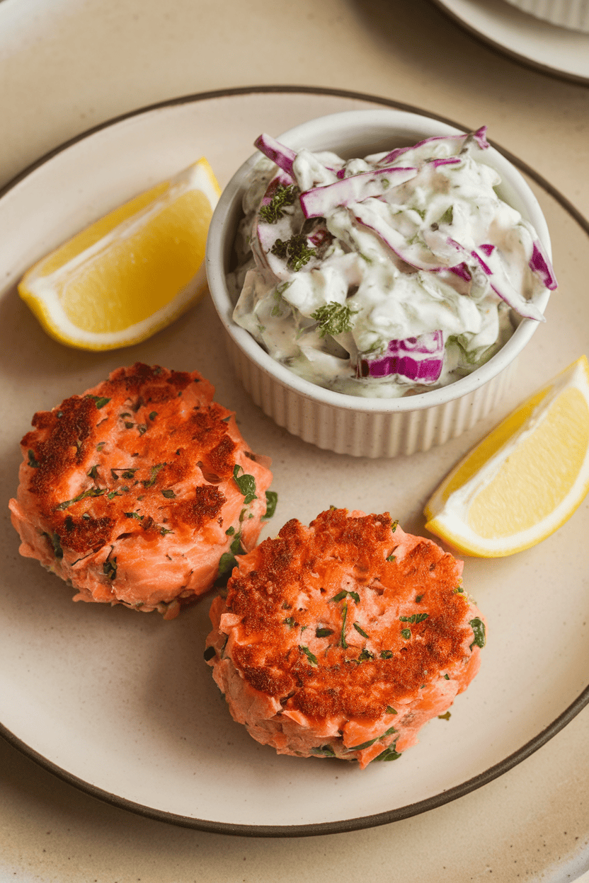 Warm indoor photo of two small cooked salmon cakes, a cup of yogurt remoulade slaw, and lemon wedges; no text or logos.