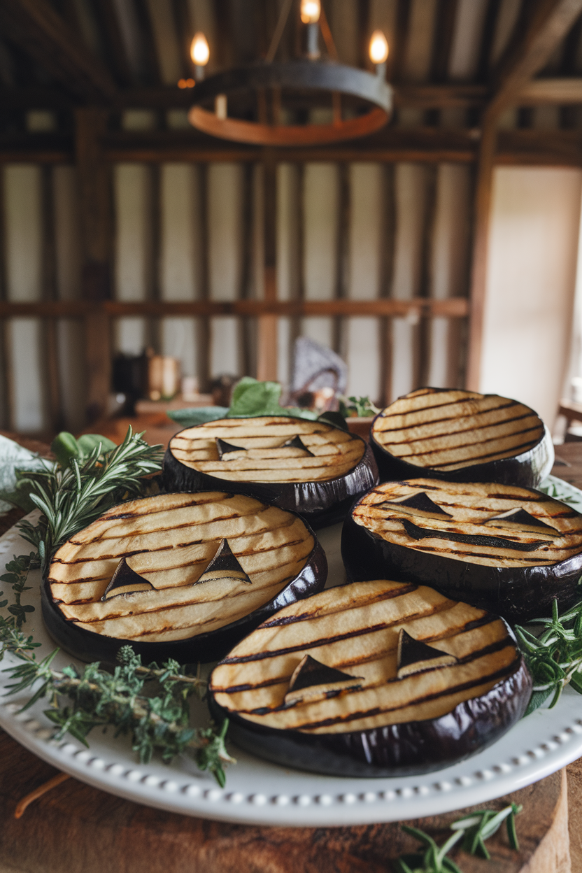 Indoor photo of thick grilled eggplant rounds, each scored with simple triangle eyes and fanged mouths, laid on a white platter. No text or logos.