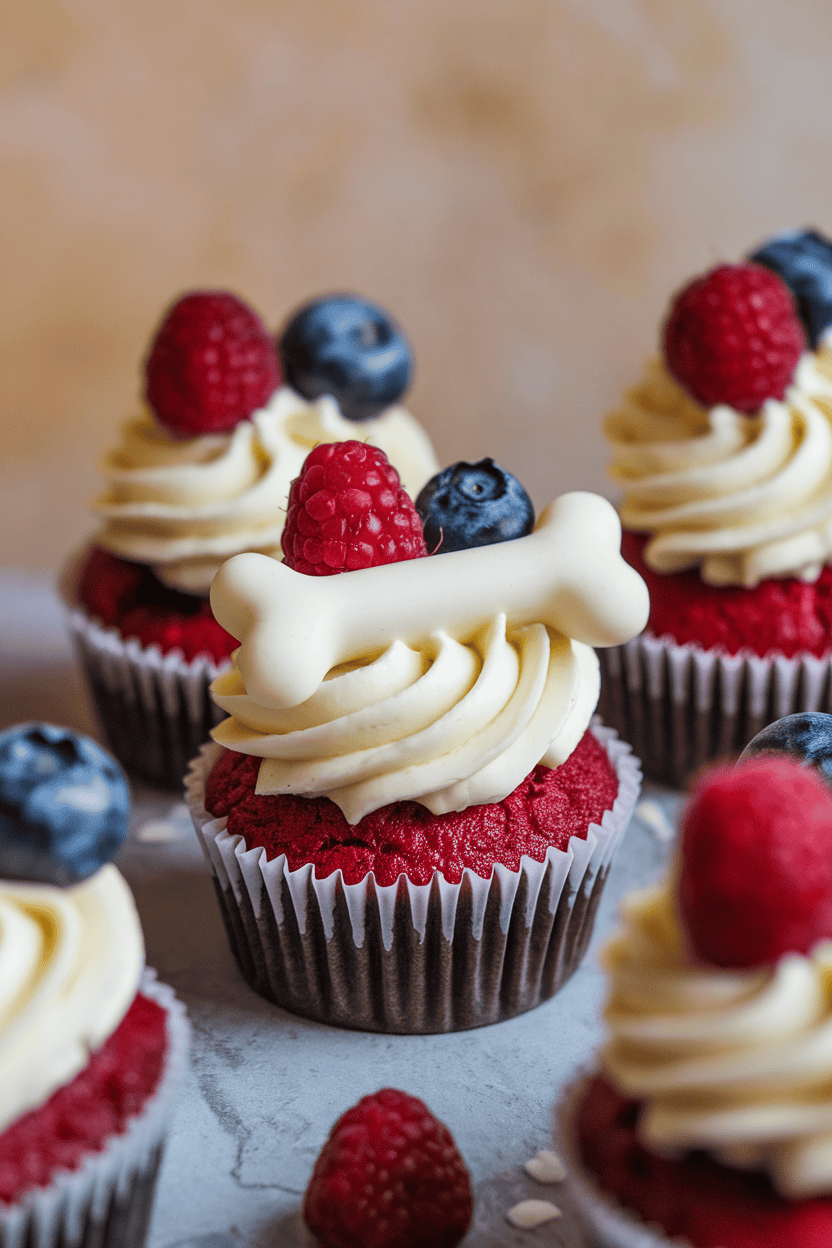 Indoor image of red berry cupcakes topped with swirl of white chocolate frosting and a molded white chocolate bone laid across; no text or logos