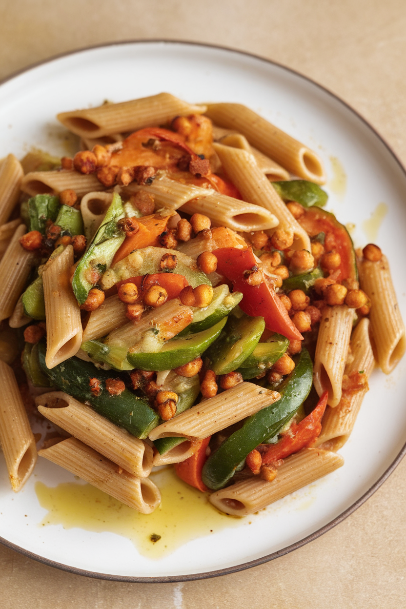 An indoor photo of a plate of whole-wheat penne mixed with sautéed seasonal vegetables and a light olive-oil garlic sauce, no text or logos.