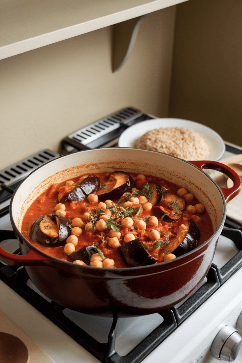 An indoor stovetop shot of a Dutch oven filled with stewed eggplant, chickpeas, and tomatoes, ready to be ladled over brown rice. Photo only, logo-free cookware.