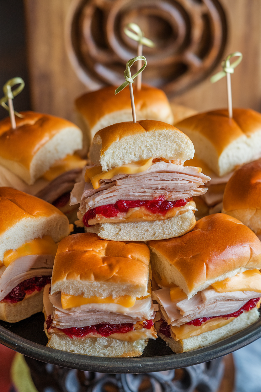 An indoor platter holding small sliders layered with sliced turkey, cranberry sauce, and melty cheese in soft rolls; no text or logos. Photo.</Prompt