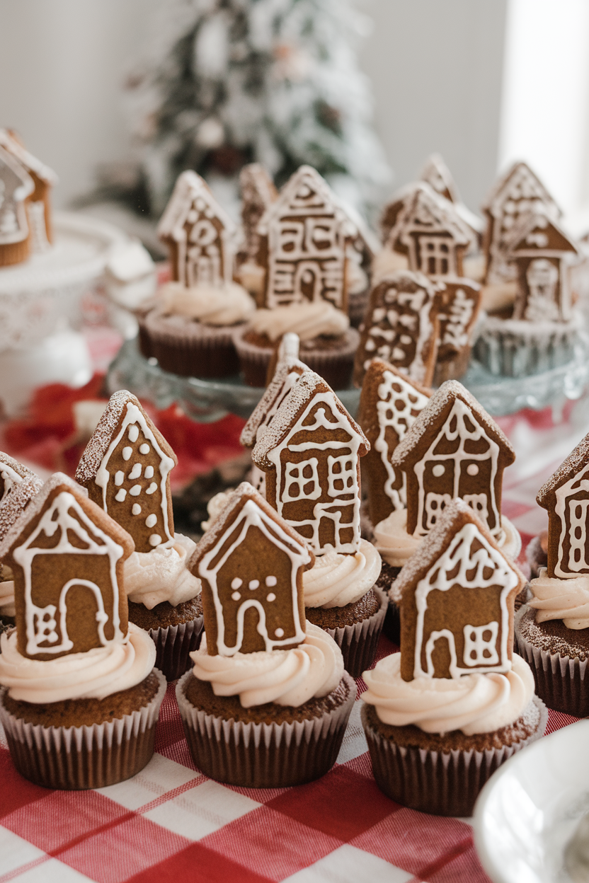 Indoor winter-holiday atmosphere with spiced cupcakes topped by gingerbread cookie house cutouts dusted with powdered sugar, no text or logos.