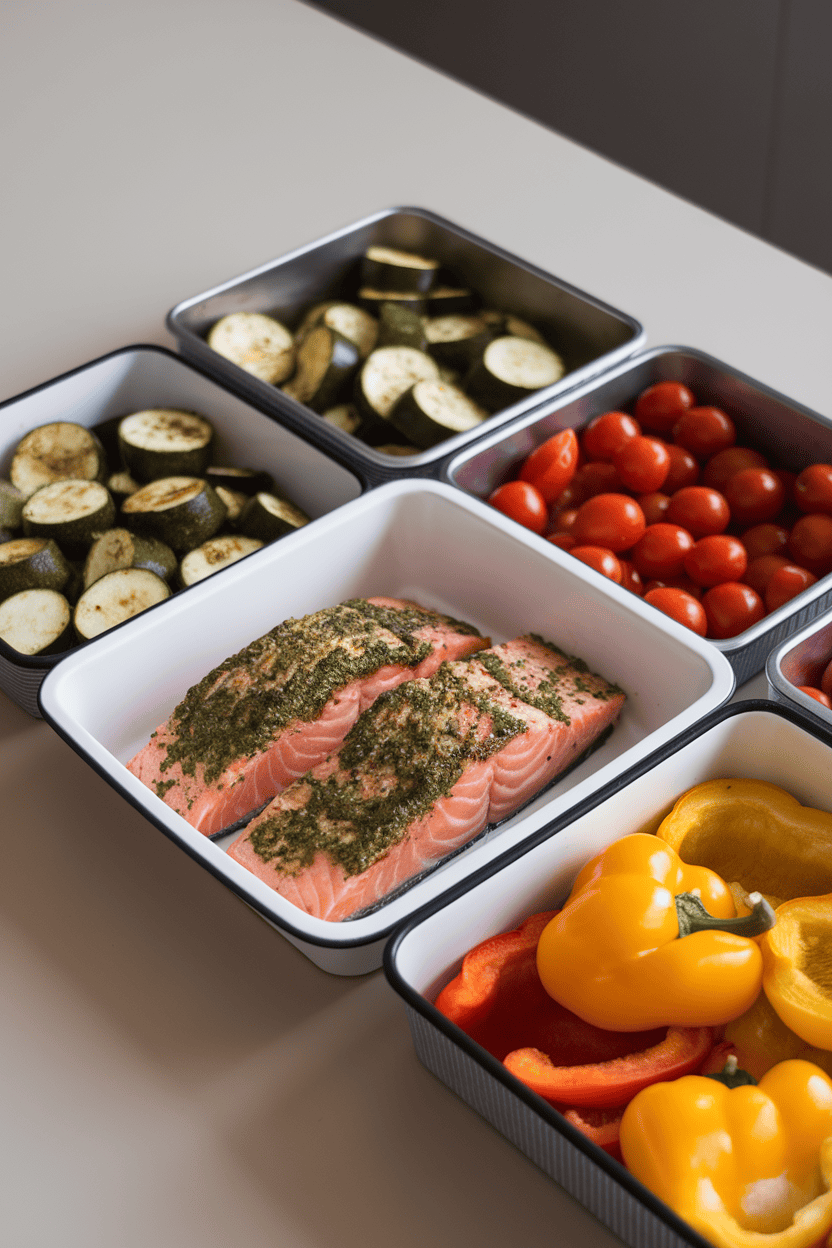 Indoor tabletop with divided containers holding pesto-coated salmon, roasted zucchini, cherry tomatoes, and bell peppers. No logos or text, photo only.