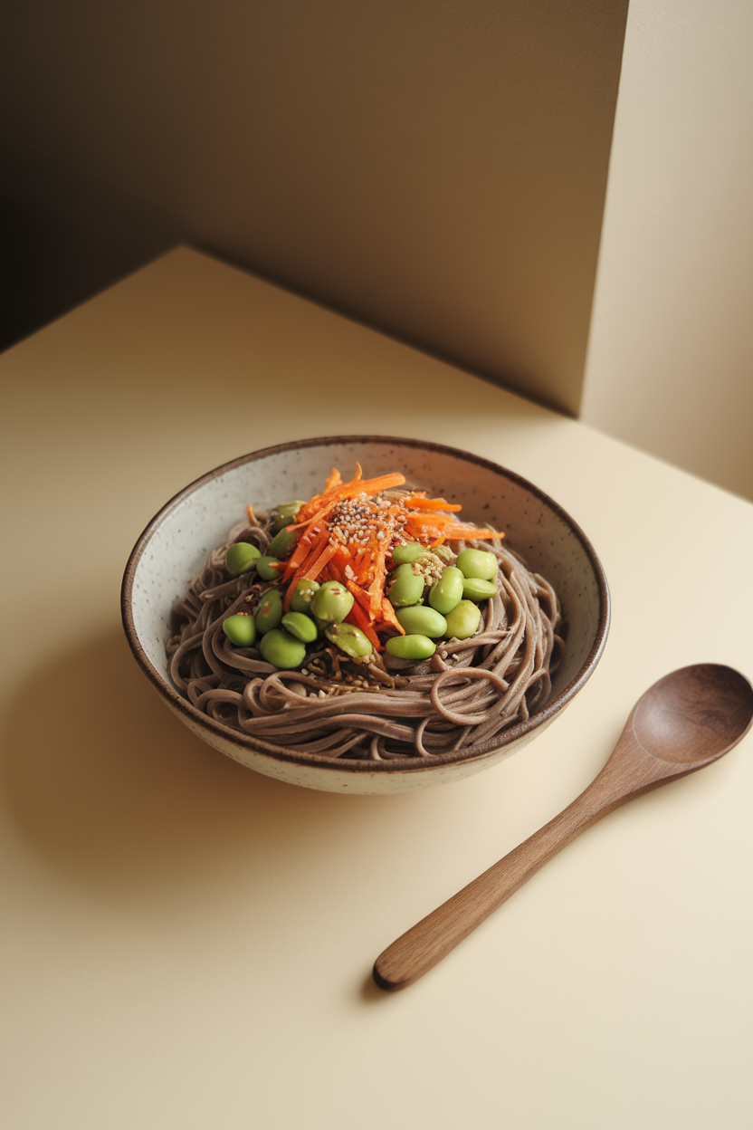 An indoor table set with a bowl of buckwheat soba noodles topped with shelled edamame, shredded carrots, and sesame seeds. No text or logos; photo only.