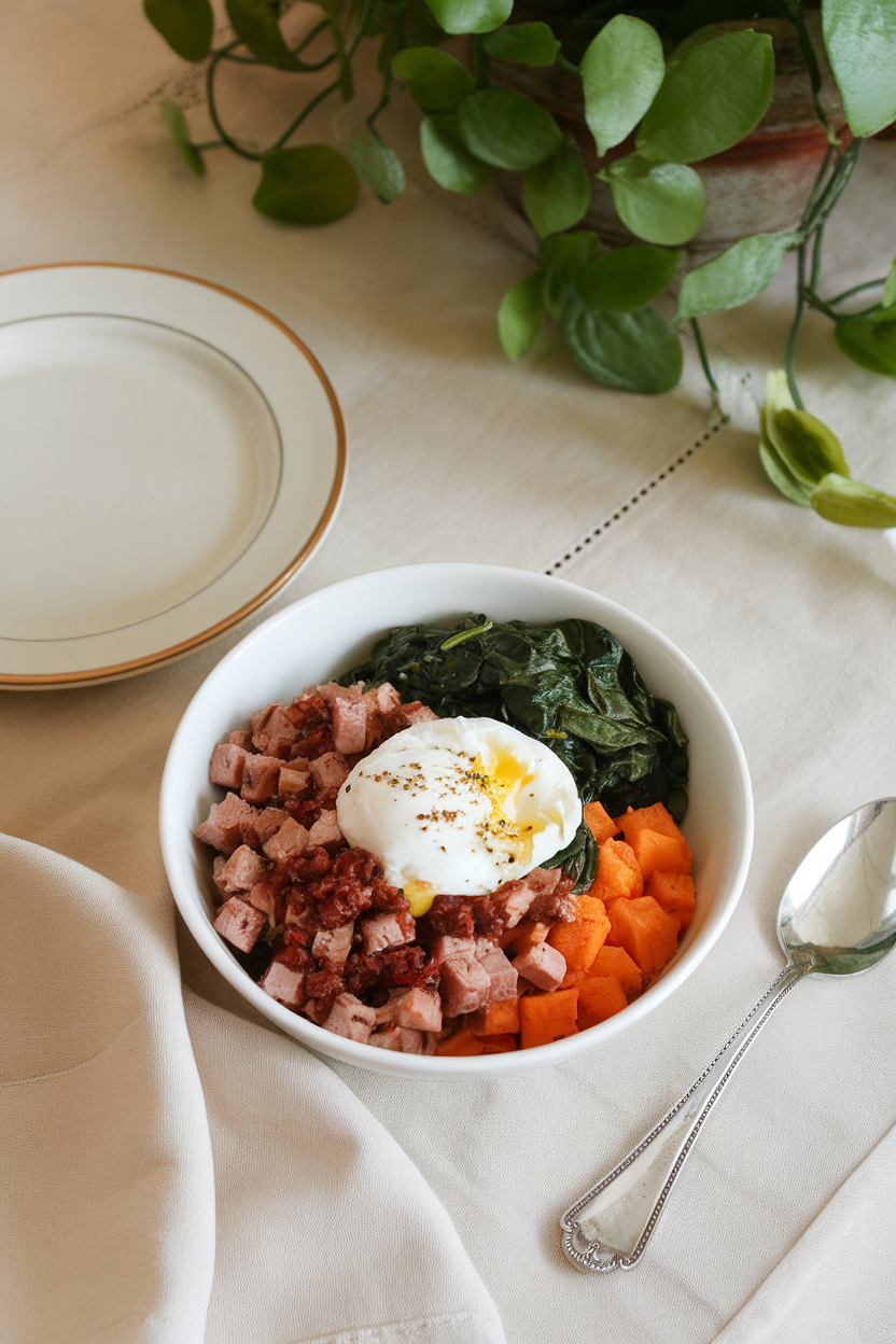 Photo of an indoor breakfast table with a bowl of diced chili turkey, roasted sweet potato hash, wilted spinach, and a poached egg. No logos or text anywhere.