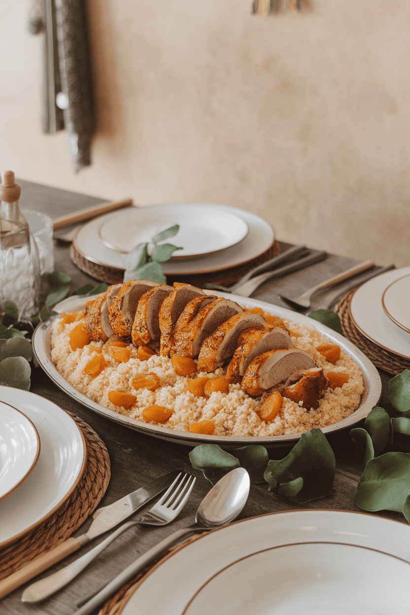 Indoor dining table displaying sliced spiced chicken thighs atop fluffy couscous dotted with apricots and almonds. No logos or text present.