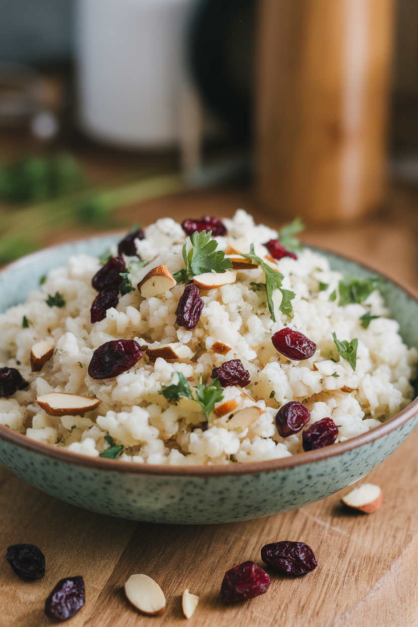 Indoor photo of cauliflower rice tossed with dried cranberries, parsley, and sliced almonds in a shallow bowl; bright lighting, no text or logos.
