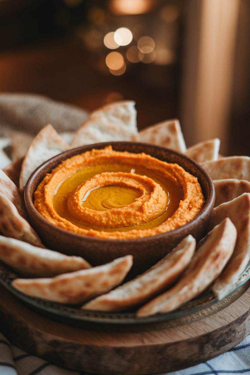 Indoor photo of a rustic bowl of orange butternut squash hummus swirled with olive oil, surrounded by pita wedges; warm lighting, no text or logos.
