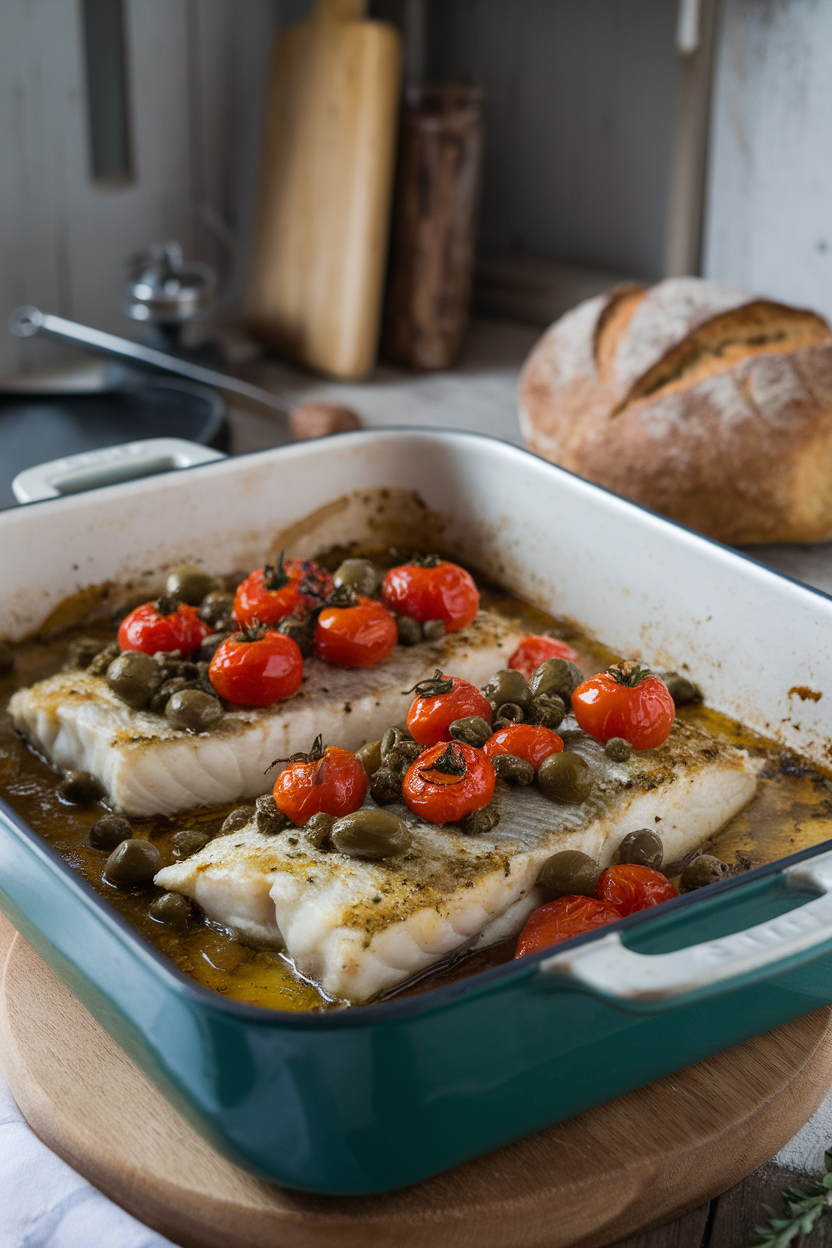 A roasting dish indoors featuring cooked sea bass fillets topped with blistered cherry tomatoes, olives, and capers. No text or logos.