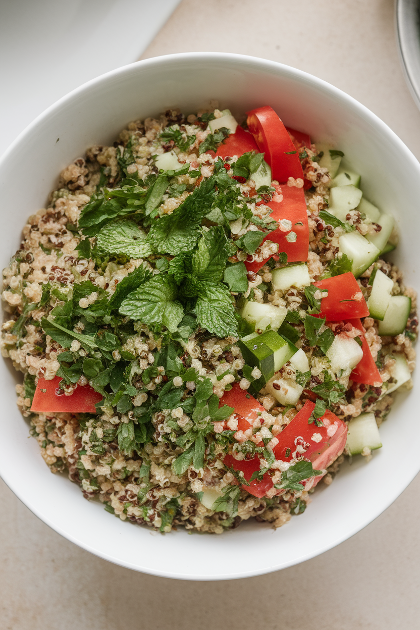 Photo of a white indoor bowl containing quinoa-based tabbouleh, vibrant parsley and mint visible among diced tomato and cucumber; no text or logos.