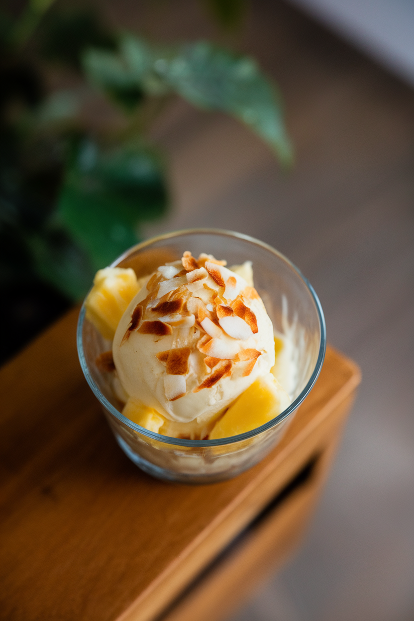 An indoor dessert bowl containing a scoop of pineapple nice cream garnished with toasted coconut flakes, photographed from above. No text or logos anywhere.