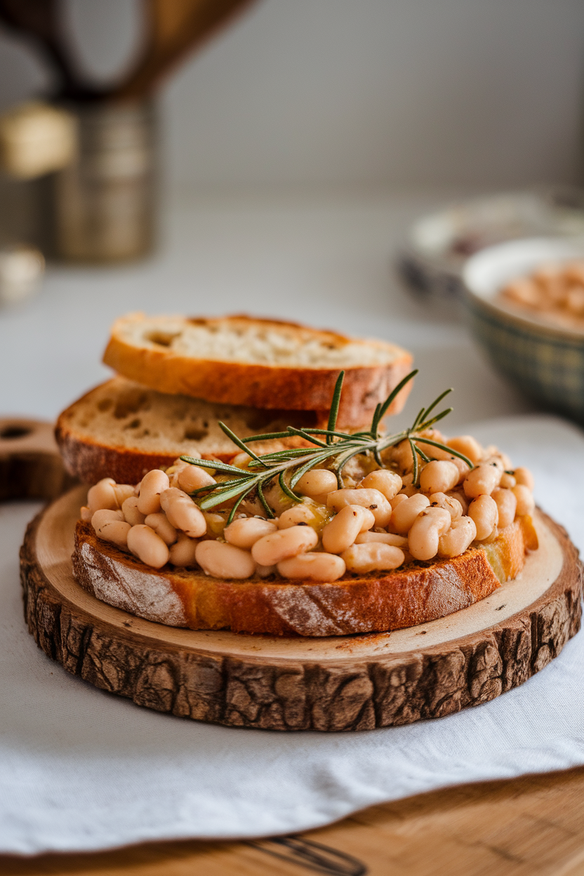 Indoor serving board with toasted bread topped with mashed cannellini beans, rosemary, and olive oil. No text or logos. Photo, not illustration.