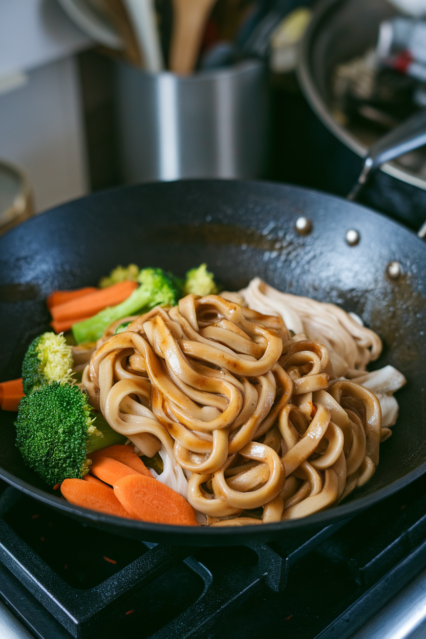 Indoor wok scene with thick udon noodles coated in miso glaze alongside broccoli, carrots, and shiitakes. No text or logos.