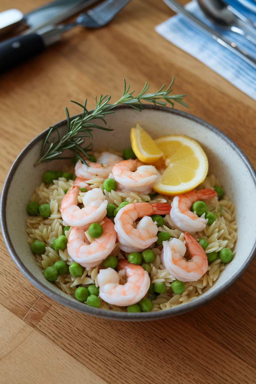 Shallow bowl of orzo pasta studded with cooked shrimp, peas, and lemon slices, placed on an indoor wood table. No text or logos.