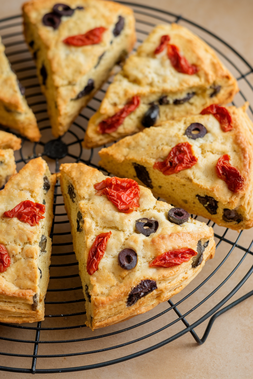 Photo of flaky savory scones studded with sun-dried tomatoes and black olives, cooling indoors on a wire rack. No text or logos visible.