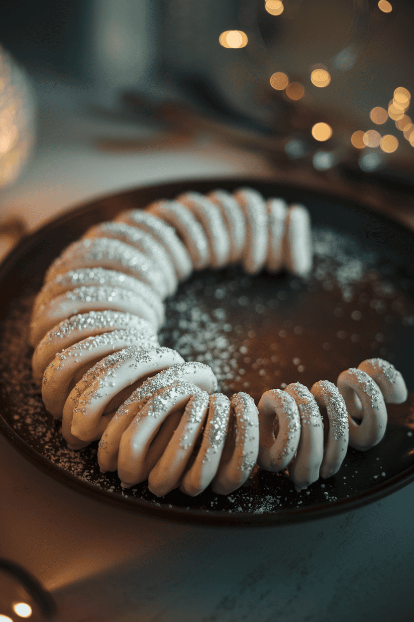 Softly lit indoor image of white-chocolate dipped pretzels dusted with edible silver shimmer, stacked in a circle to form a glowing full moon on a dark plate. No text or logos.