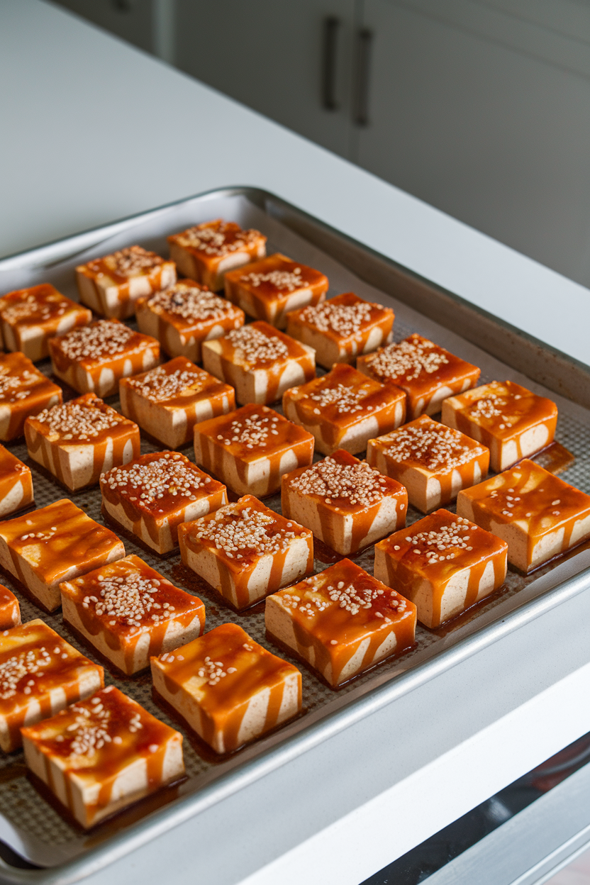 A baking sheet on an indoor counter lined with cubes of tofu coated in sticky orange glaze, sesame seeds sprinkled. No text or logos, photo style.