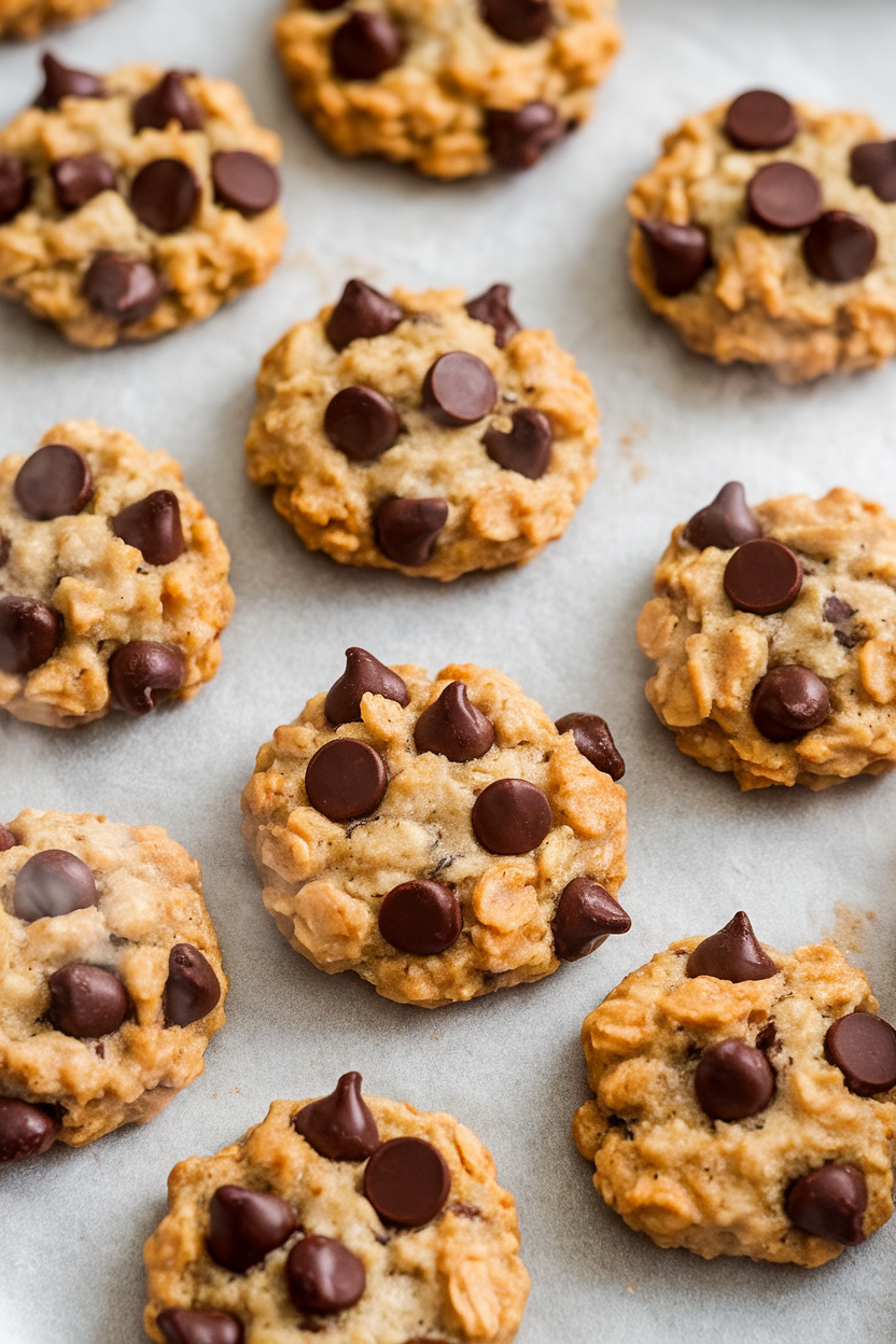 Indoor image of bite-size oatmeal cookies dotted with dark chocolate chips, arranged on parchment, slight steam suggests freshness. No logos or text.