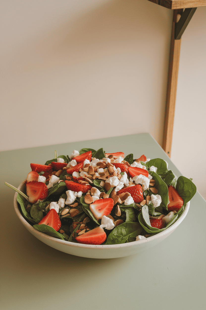 A salad bowl on an indoor table filled with baby spinach, sliced strawberries, goat cheese crumbles, and toasted almonds, lightly dressed. No text or logos; photo.