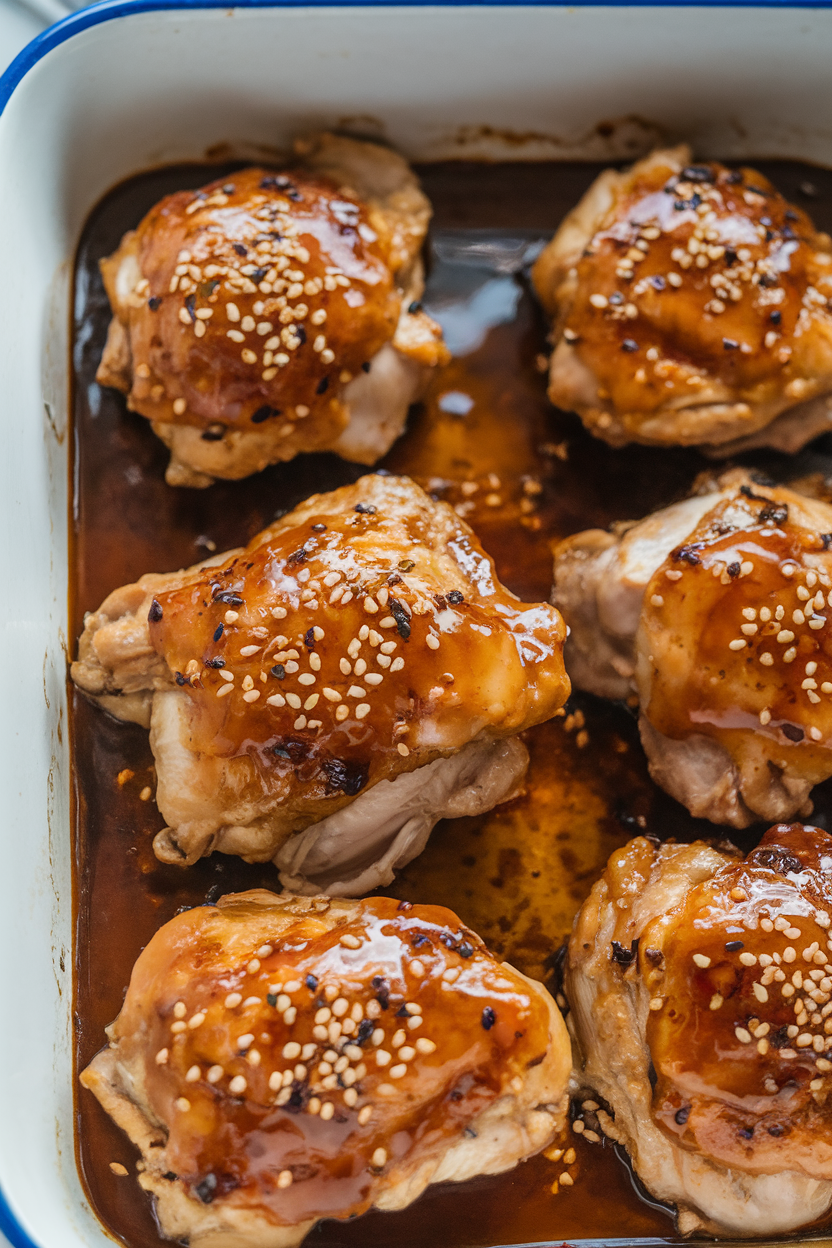 Baking dish of cooked chicken thighs glazed with honey-soy sauce, garnished with sesame seeds, indoor light. No text or logos. Photo.