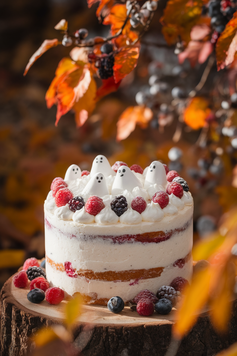 Indoor photo of a berry-studded cake topped with whipped mascarpone and tiny ghost meringues, softly lit. No text or logos.