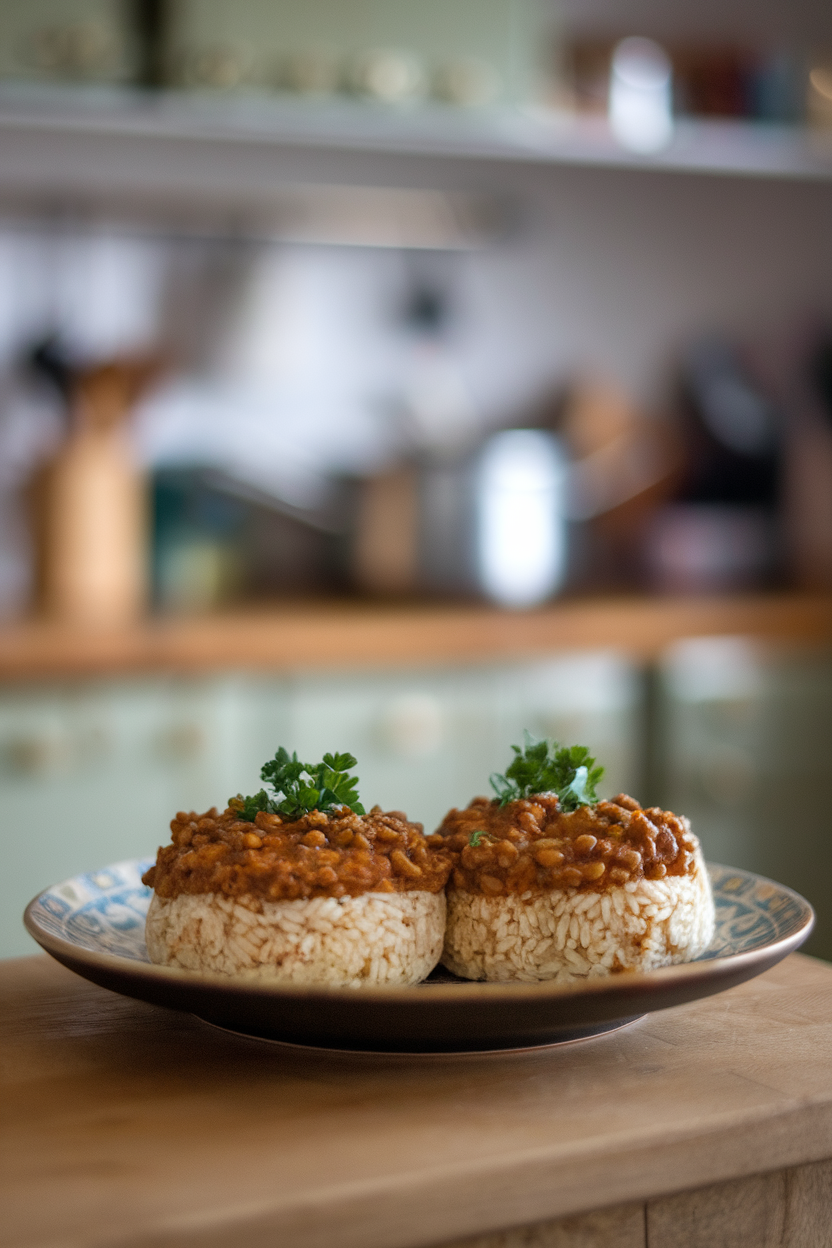 Indoor photo of two rice cakes on a plate topped with thick lentil soup and a sprinkle of parsley. No text or logos.