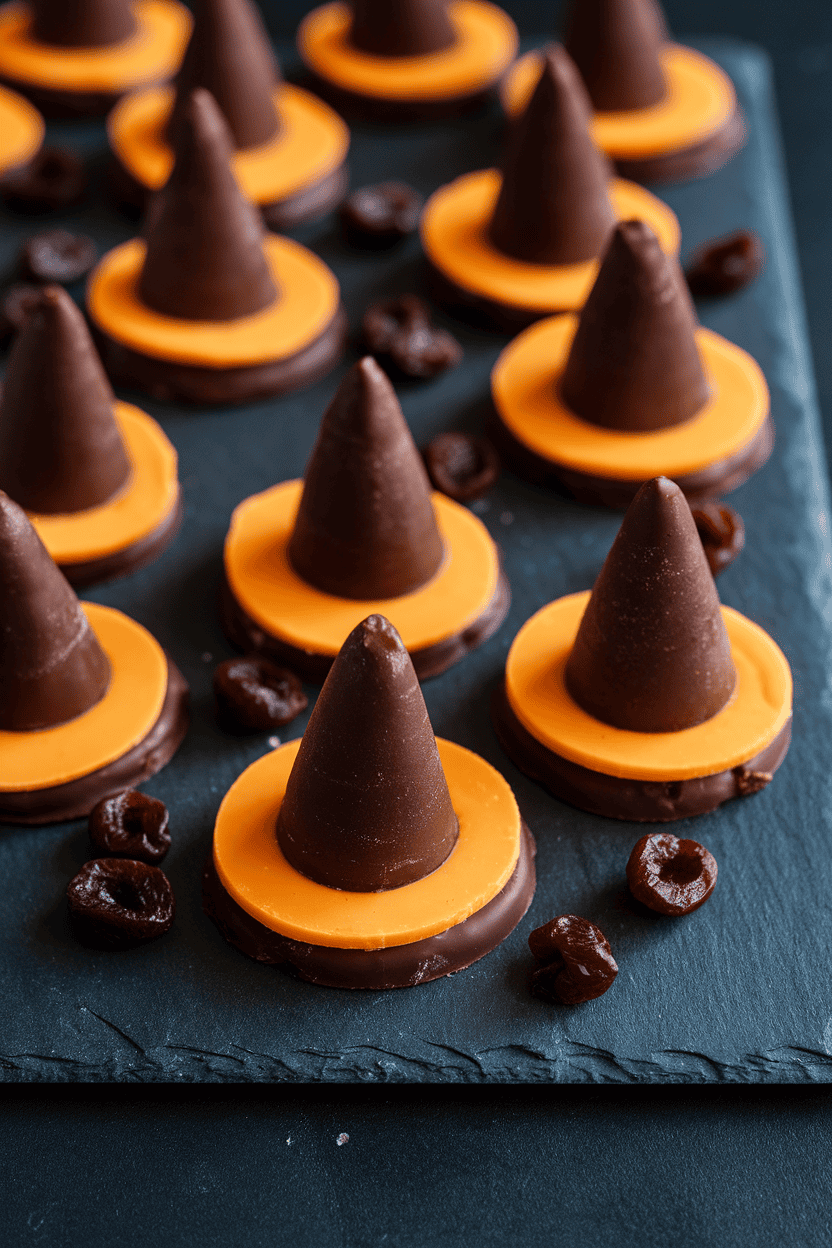 Indoor photo of dark chocolate cones set on round cheddar slices to form witch hats, arranged on a slate board with dried cherries. No text or logos.