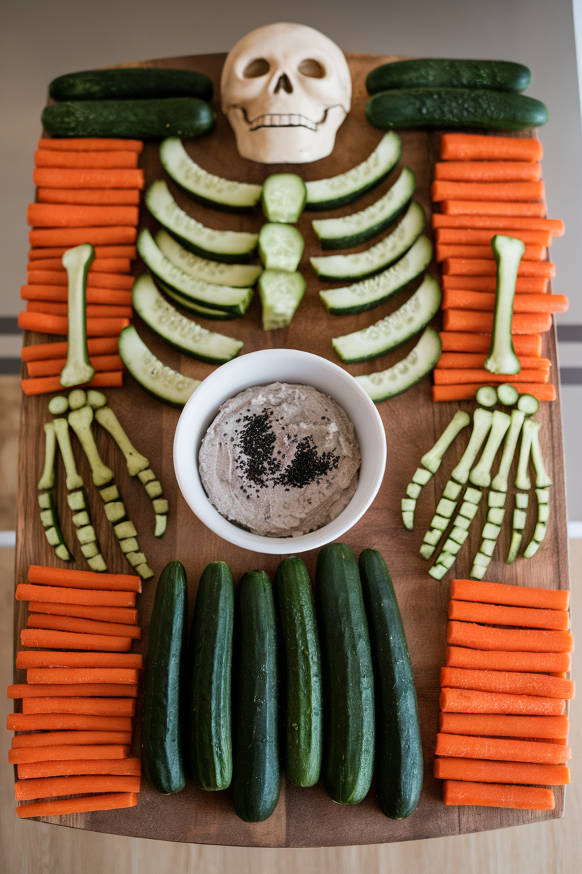 A large indoor serving board arranged as a vegetable skeleton, with cucumbers for ribs and carrot sticks as limbs, a bowl of charcoal-black sesame dip for the skull. No text or logos. Photo, not illustration.