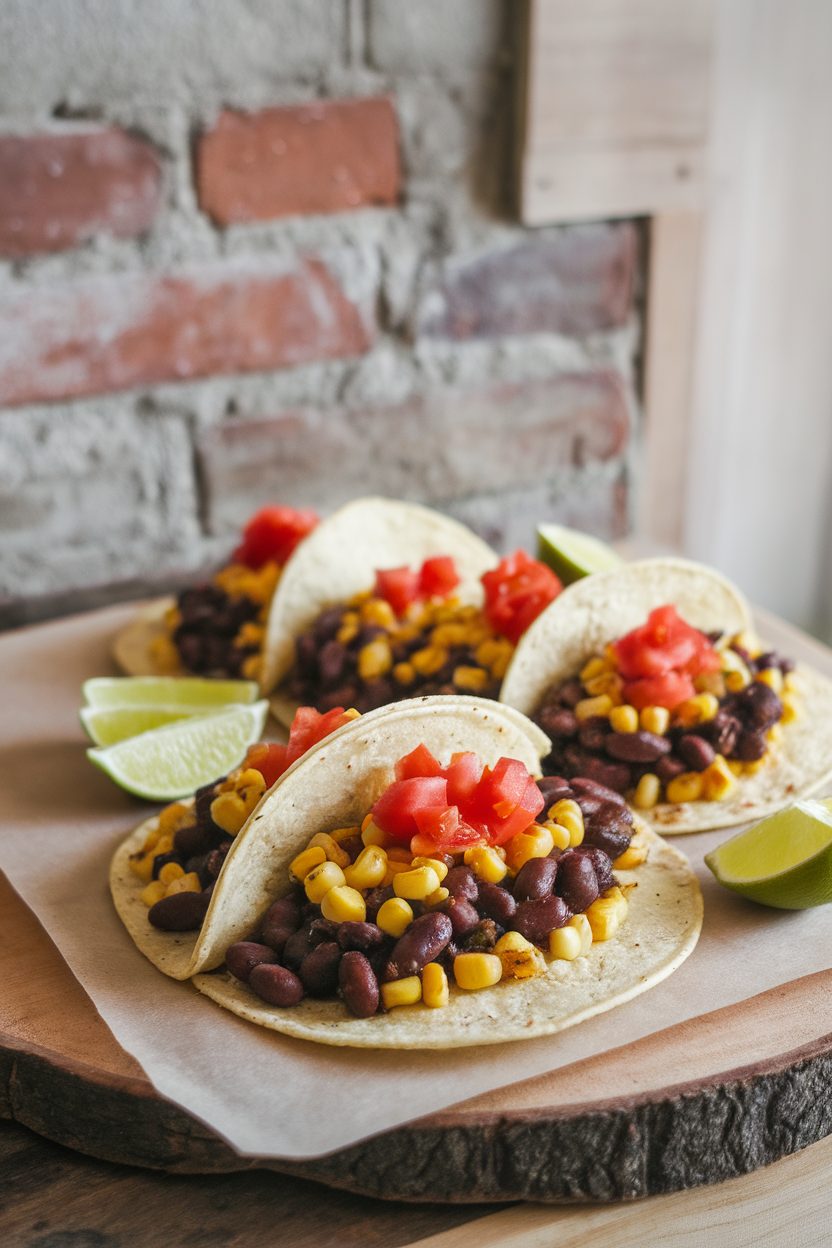 Indoor photo of corn tortillas filled with seasoned black beans and grilled corn, topped with diced tomato and lime wedges; no text or logos.