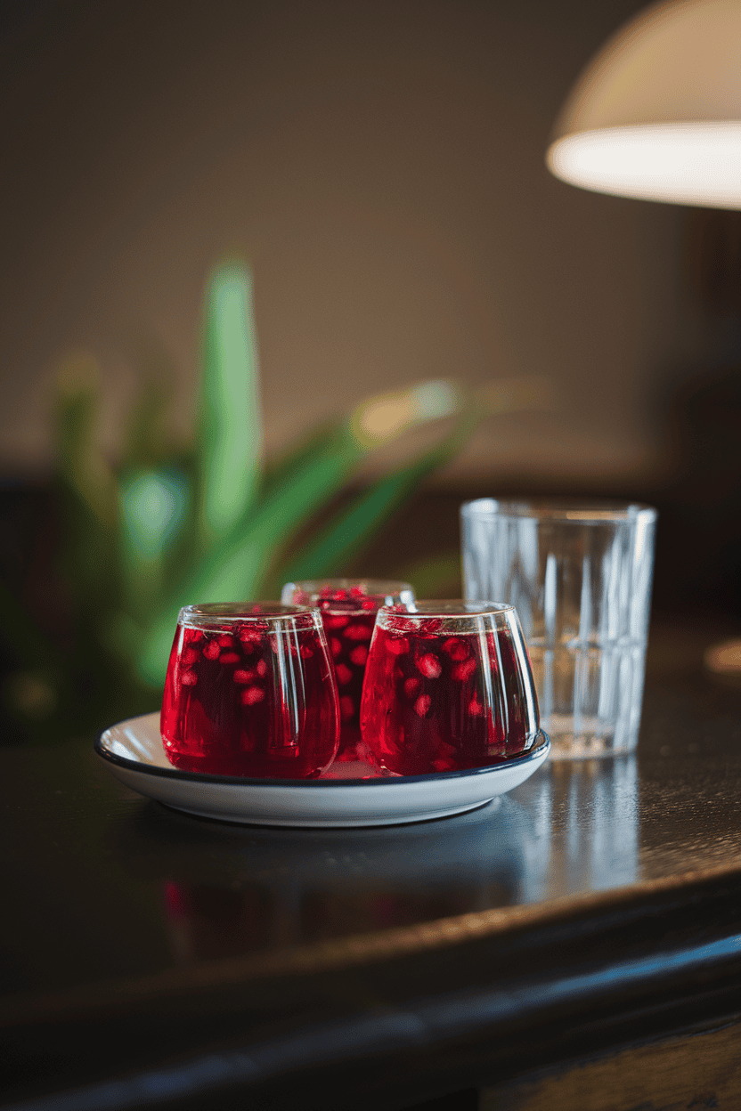 Indoor dark wood bar with ruby pomegranate jello shots containing floating arils, soft backlighting, no branding visible