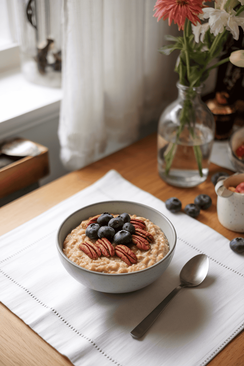 An indoor breakfast table with a bowl of creamy oatmeal topped with maple-glazed pecans and fresh blueberries—no logos anywhere. Photo only.
