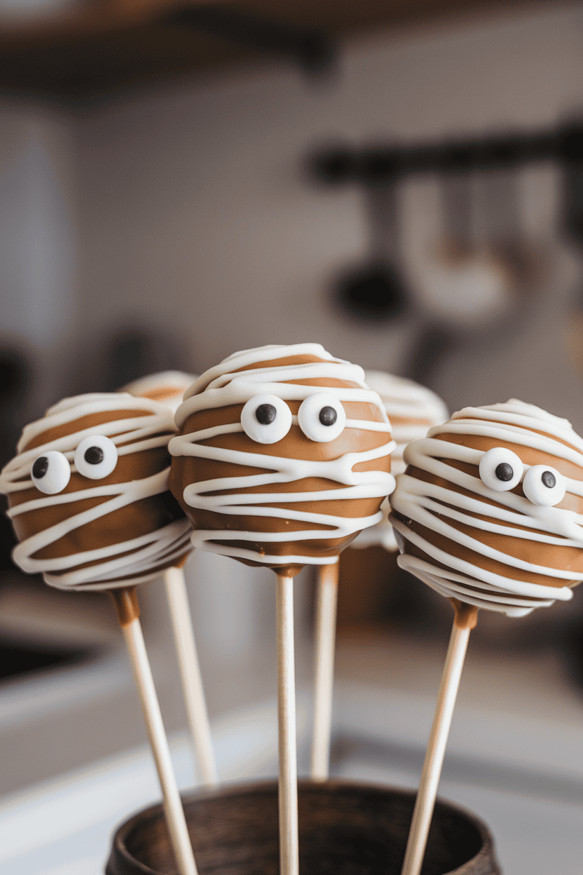 Caramel-banana cake pops wrapped in white chocolate stripes like mummies, candy eyes peering out, indoor kitchen; no logos or text. Photo.