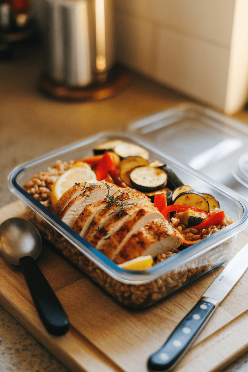 A warmly lit indoor countertop featuring sliced lemon-herb chicken breast, a scoop of cooked farro, and colorful roasted zucchini and bell peppers arranged in a glass meal-prep container. Photo only, no text or logos visible.