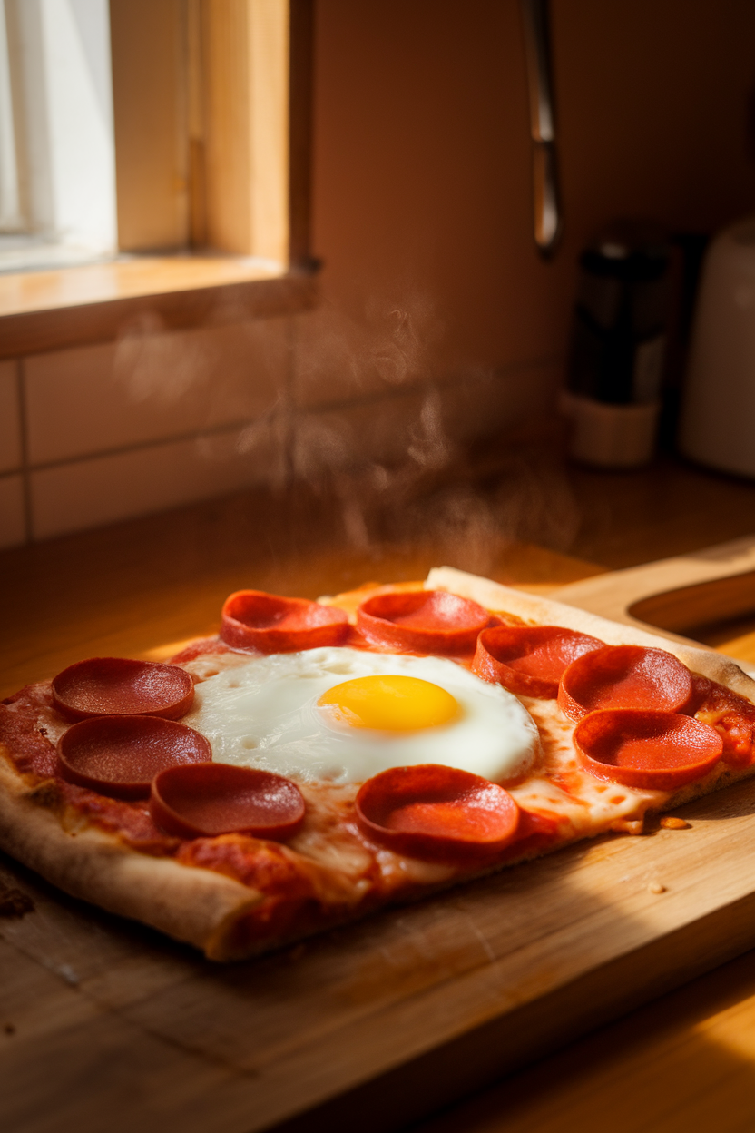 A warmly lit indoor kitchen counter featuring a slice of reheated pepperoni pizza with a sunny-side-up egg oozing over the crust, steam visible, no text or logos anywhere in the scene. Photo, not illustration.