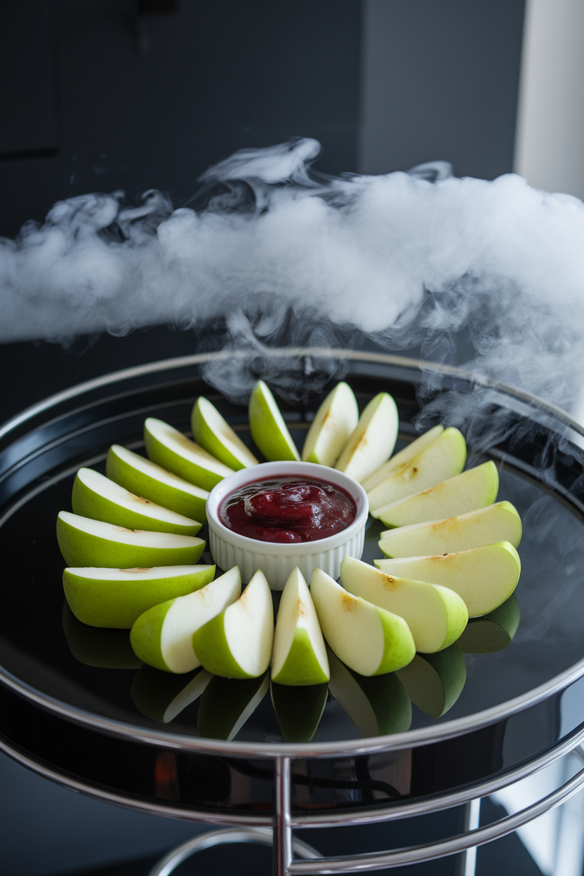 A glossy black tray indoors with bright green apple wedges arranged around a small bowl of crimson cherry sauce, dry ice mist wafting behind. No text or logos.