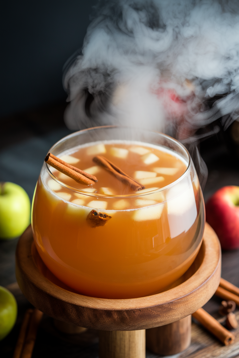 Indoor punch bowl of warm apple cider with floating cinnamon sticks and dry-ice mist for drama (no logos).