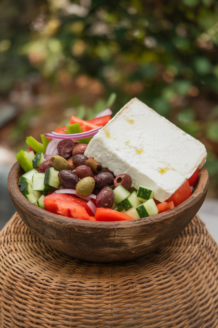 An indoor rustic bowl showing chunky pieces of tomato, cucumber, green bell pepper, red onion, Kalamata olives, and a large feta slab on top, lightly dressed with olive oil. No text or logos.
