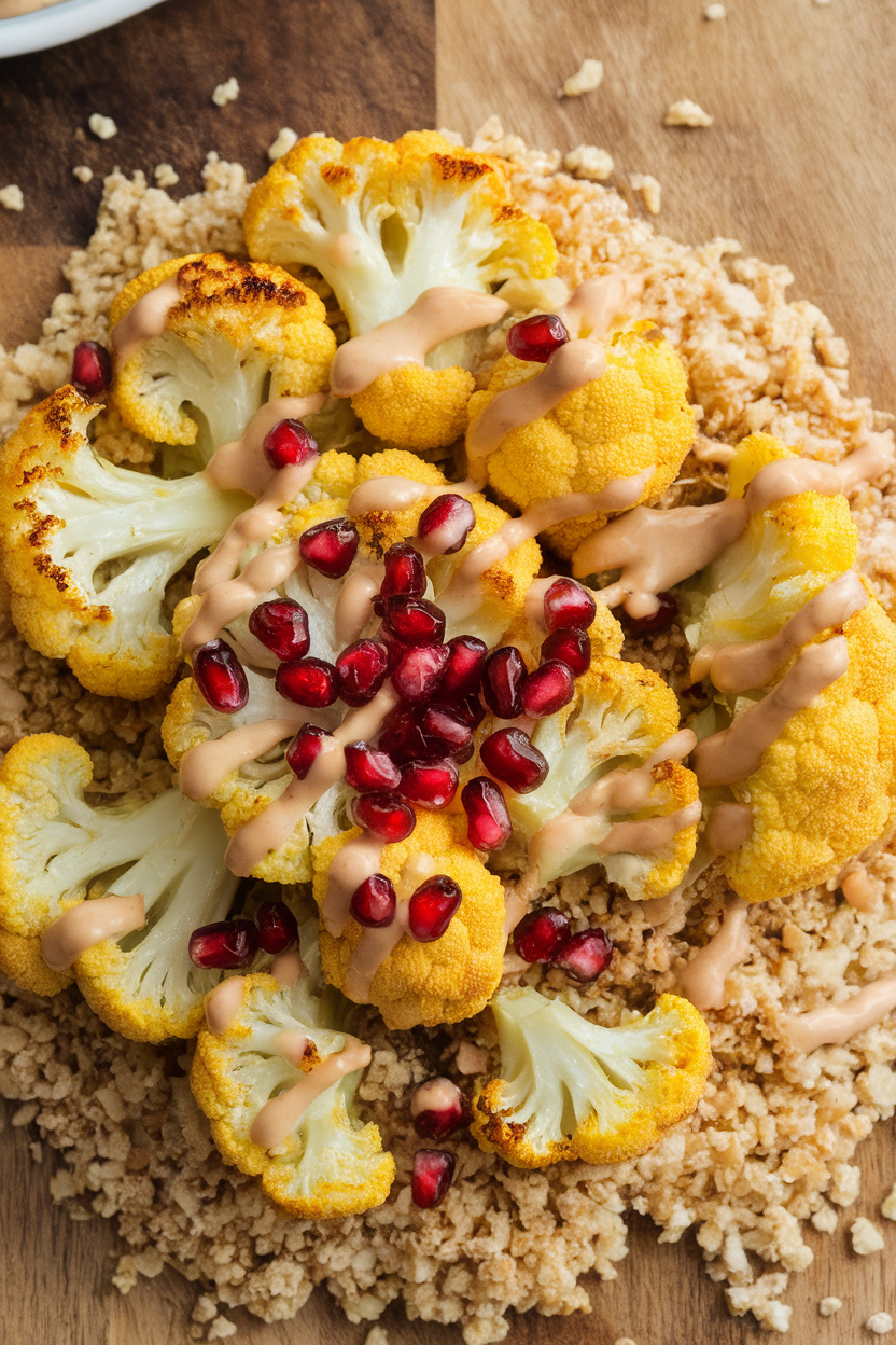 Overhead indoor photo of golden roasted cauliflower florets on freekeh, drizzled with tahini sauce and pomegranate seeds. No text or logos.