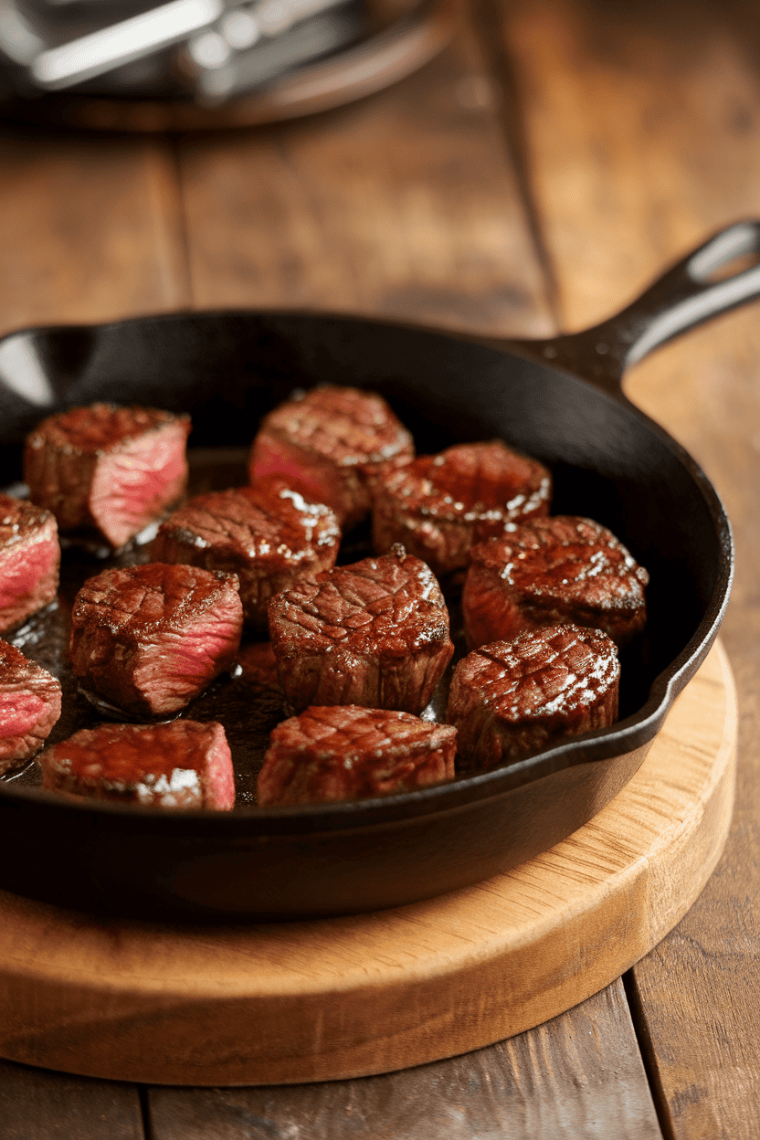 Indoor dining table showcasing bite-sized steak tips coated in brown sugar bourbon glaze on a small cast-iron skillet. No text or logos visible. Photo, not illustration.
