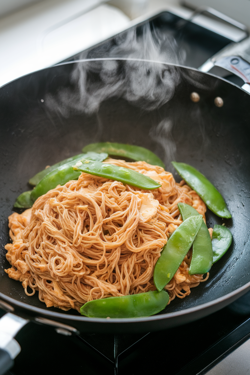 Indoor wok containing leftover cold sesame noodles quickly tossed with scrambled eggs and snap peas, steam rising. No text or logos.