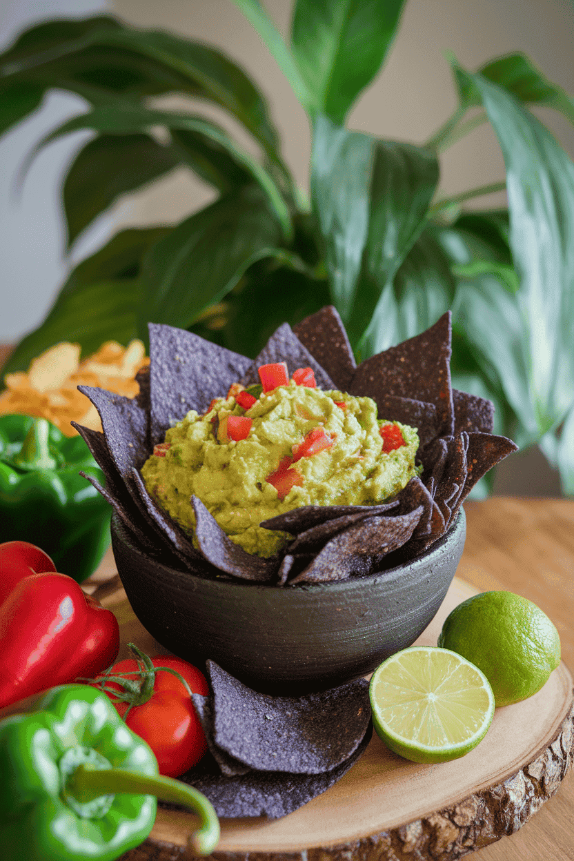 An indoor party spread highlighting a black ceramic bowl of guacamole with blue corn chips rising like witch hats. Soft lighting, no text or logos, photo not illustration.