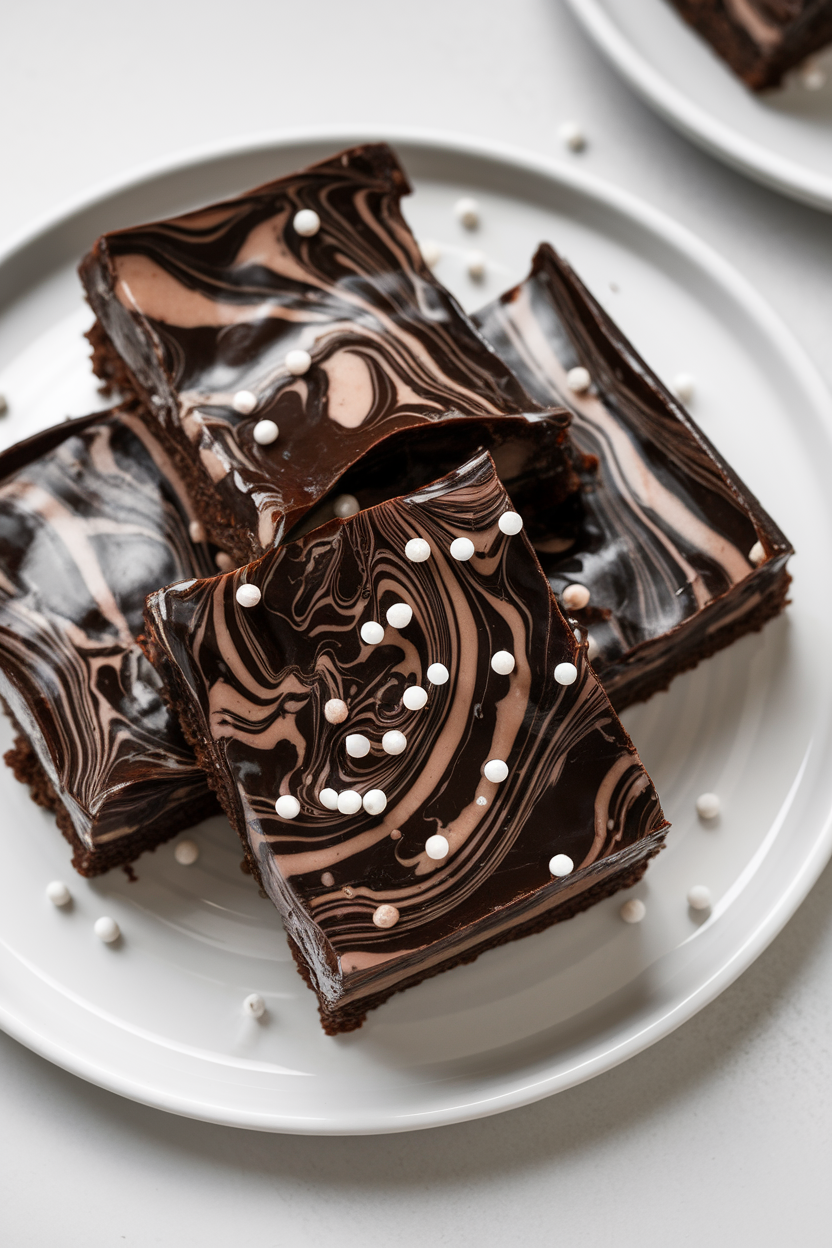Indoor photo of glossy brownies with black licorice syrup swirled into starry patterns, tiny white nonpareils scattered like stars; no text or logos