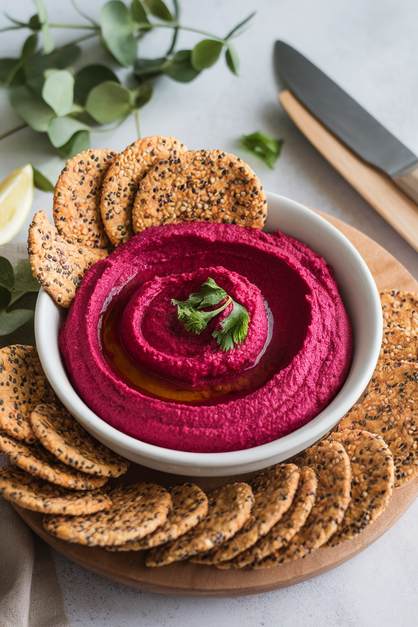 An indoor bowl of vivid magenta beet hummus paired with crunchy multiseed crackers, overhead angle. No text or logos. Photo, not illustration.