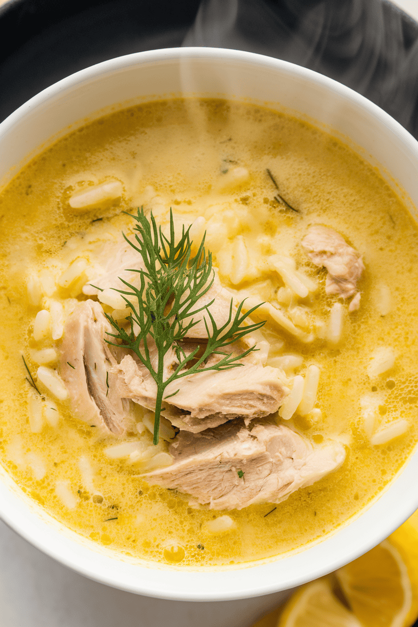 A bowl indoors of creamy lemon chicken soup with rice and fresh dill on top, steam visible. No text or logos.
