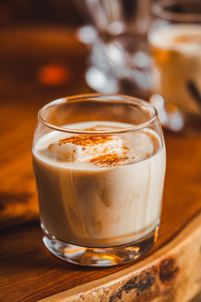 Photo of a rocks glass indoors, creamy butter pecan bourbon milk punch over one large cube, grated nutmeg topping. No text or logos visible.