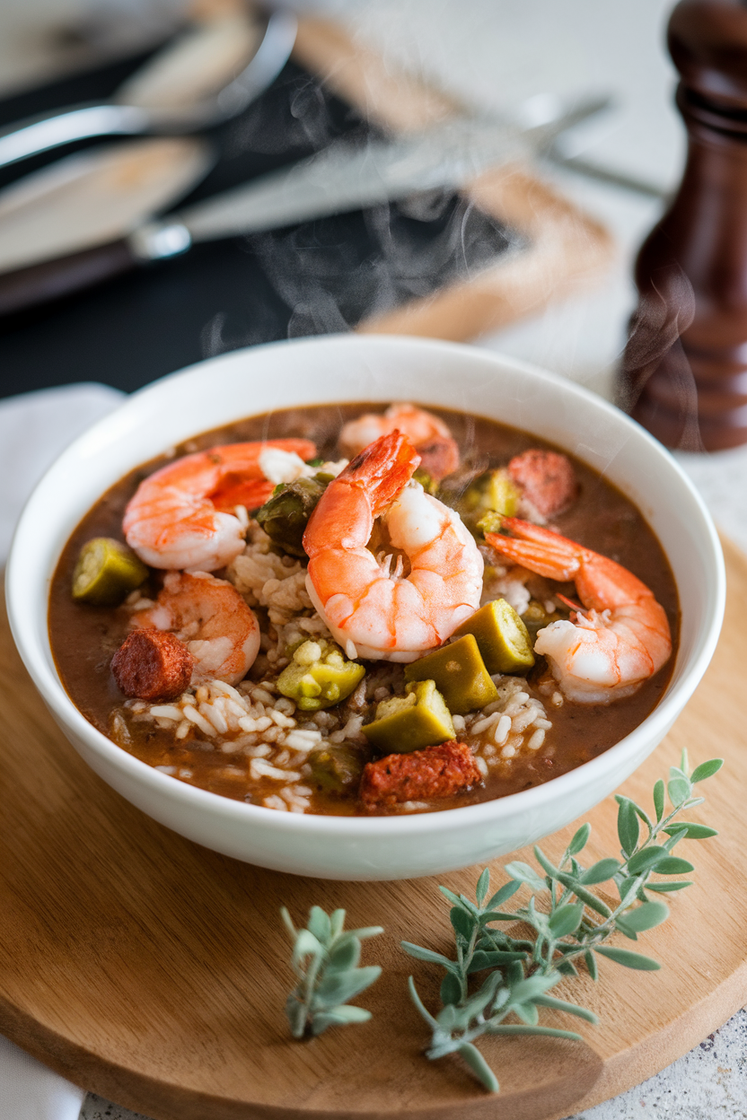 Indoor photo of a bowl of steaming seafood gumbo—shrimp, crab, andouille, and okra in a dark roux-based broth over rice. No text or logos.