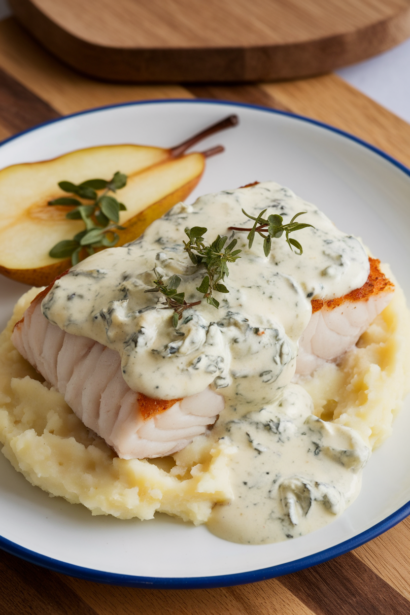 Indoor plate of cod fillet topped with speckled blue cheese cream sauce, side of roasted pears. No text or logos.